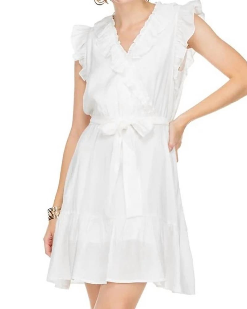 Front of a model wearing a size L Ruffles Wrap Dress in White in White by Jade. | dia_product_style_image_id:337435